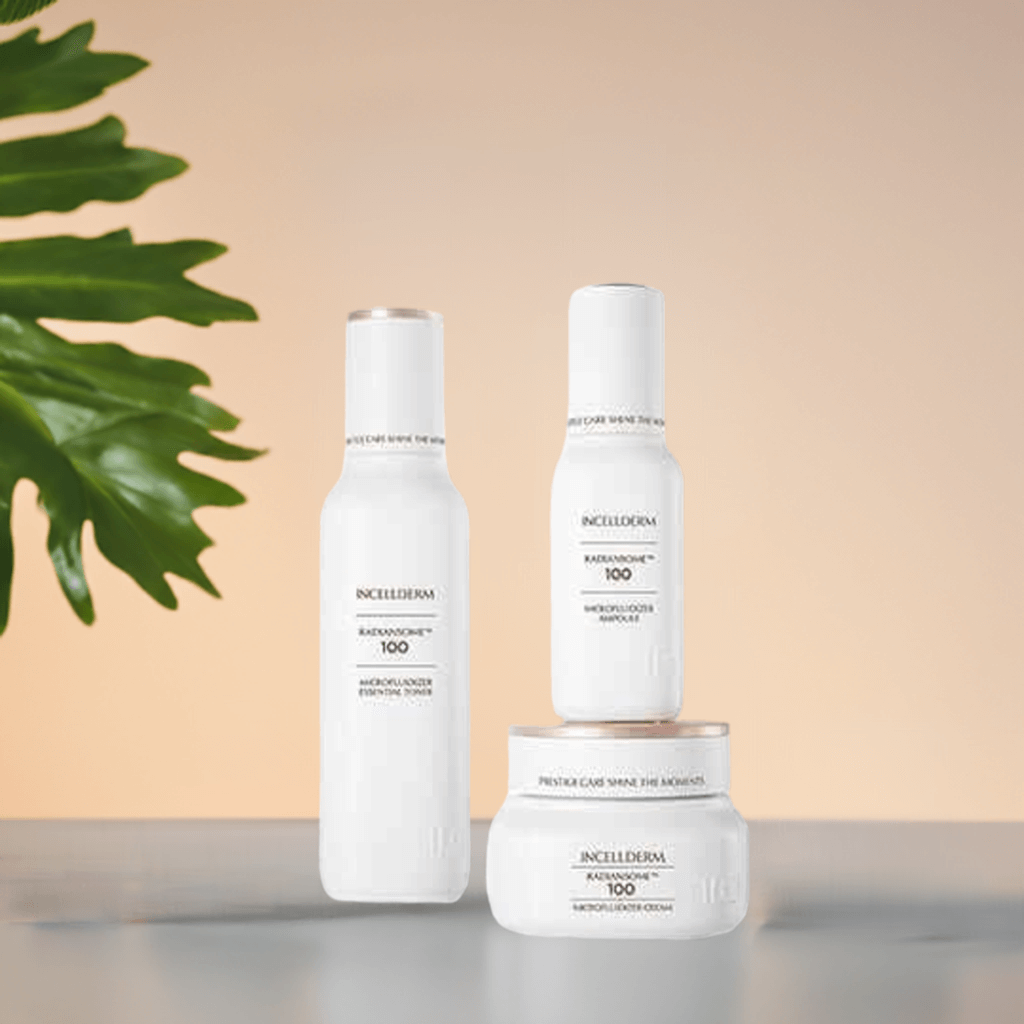 Riman Radiansome Premium Set featuring toner, ampoule, and cream for radiant, moisturized skin.