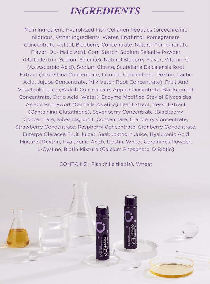 Ingredients list for Beauty Collagen EX, featuring fish collagen, vitamins, and natural extracts for optimal skin health.