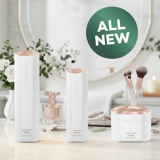 Riman ICD Radiansome 100 Advanced Ritual Set featuring toner, essence, and cream, all new skincare products.