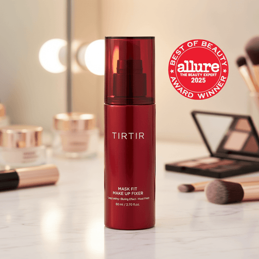 TIRTIR Mask Fit Makeup Fixer bottle displayed on vanity with beauty products, Best of Beauty Award Winner 2025.