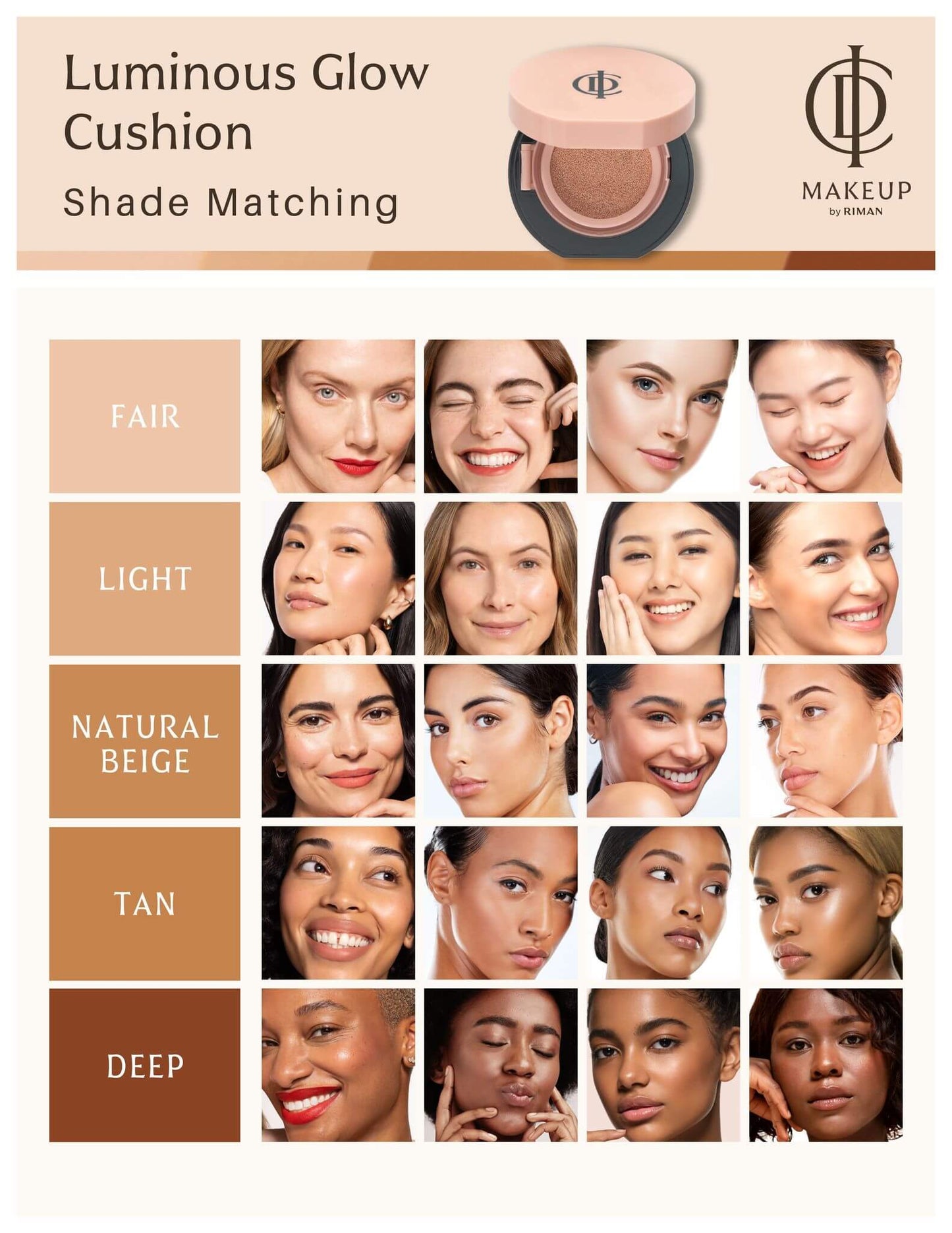 Luminous Glow Cushion shade matching chart displaying different skin tones from fair to deep.