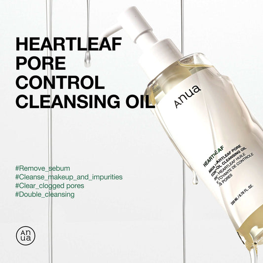 Anua Heartleaf Pore Control Cleansing Oil in a bottle, designed for removing makeup and clearing clogged pores.