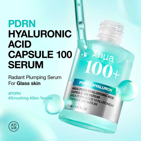 Anua PDRN Hyaluronic Acid Capsule 100 Serum in a glass bottle for radiant skin and hydration.
