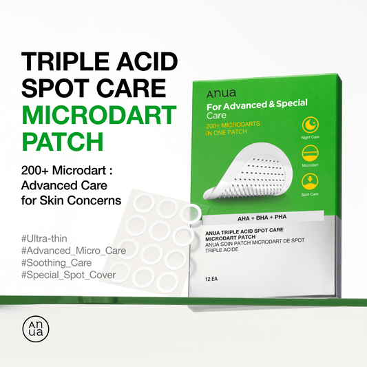 Anua Triple Acid Spot Care Microdart Patch packaging showcasing ultra-thin microdart technology for skin concerns.