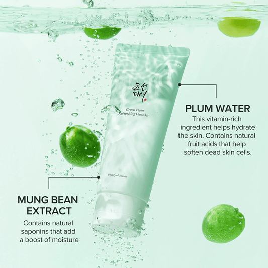 Beauty of Joseon Green Plum Refreshing Cleanser with Plum Water and Mung Bean Extract for moisturizing skin.