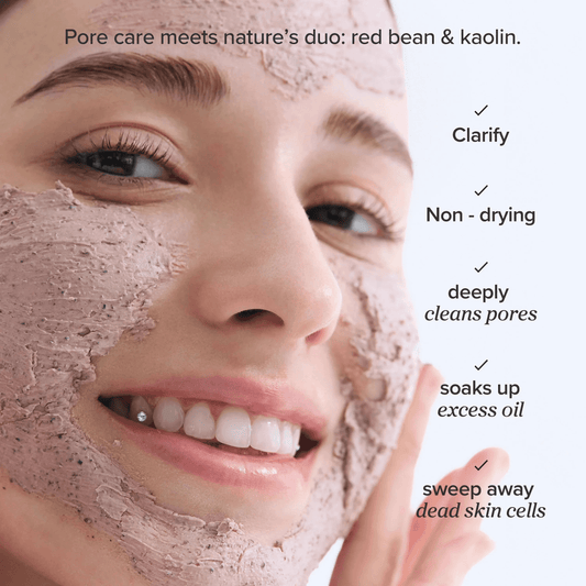 Beauty of Joseon Red Bean Refreshing Pore Mask on a smiling woman with clay mask, showcasing its benefits.