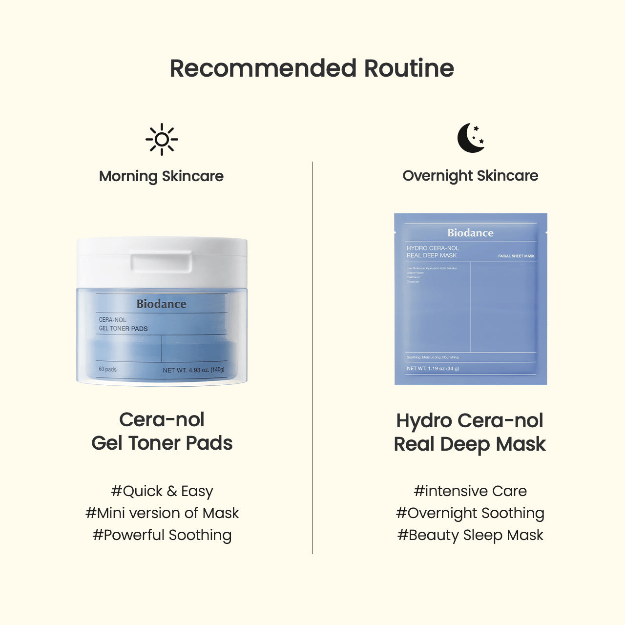 Biodance Cera-nol Gel Toner Pads and Hydro Cera-nol Real Deep Mask recommended skincare routine image.