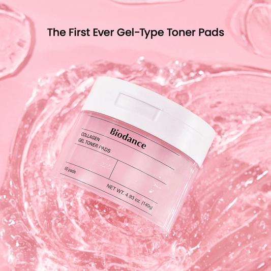 Biodance Collagen Gel Toner Pads in container with water splash background, promoting hydration and skin firmness.