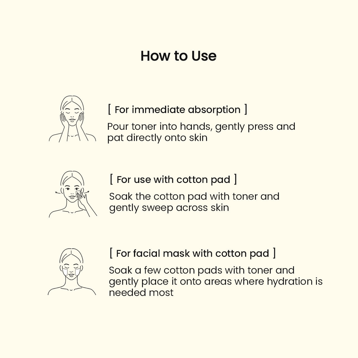 How to use Biodance First Synergy Toner for immediate absorption, with cotton pad, and for facial mask application.