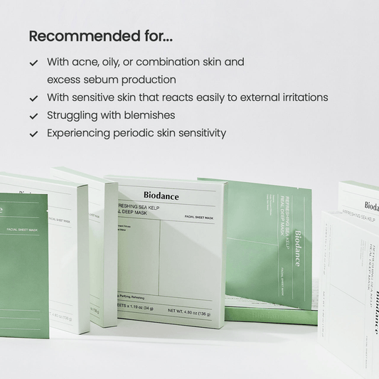Biodance Refreshing Sea Kelp Real Deep Mask packaging, recommended for oily and sensitive skin. Korean skincare products.
