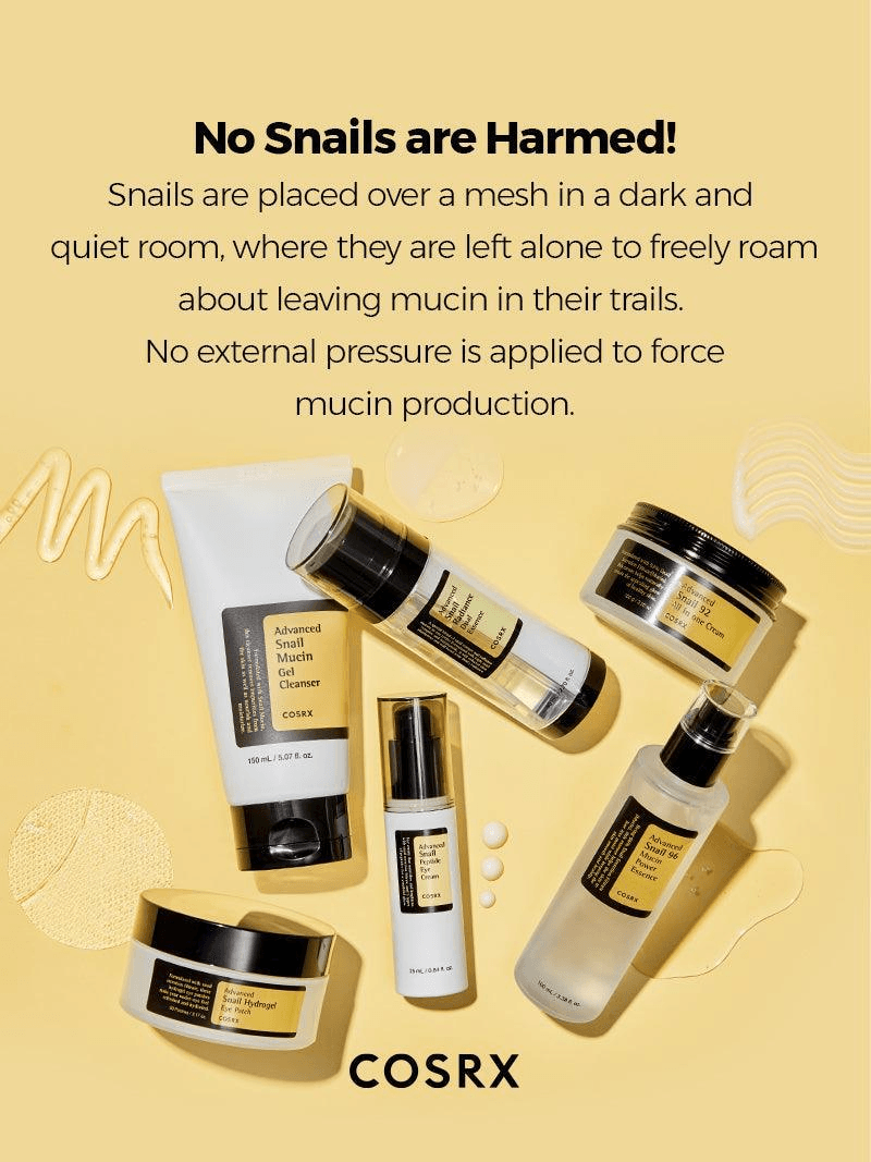COSRX Advanced Snail 96 Mucin Power Essence and other products on a yellow background for Korean skincare.