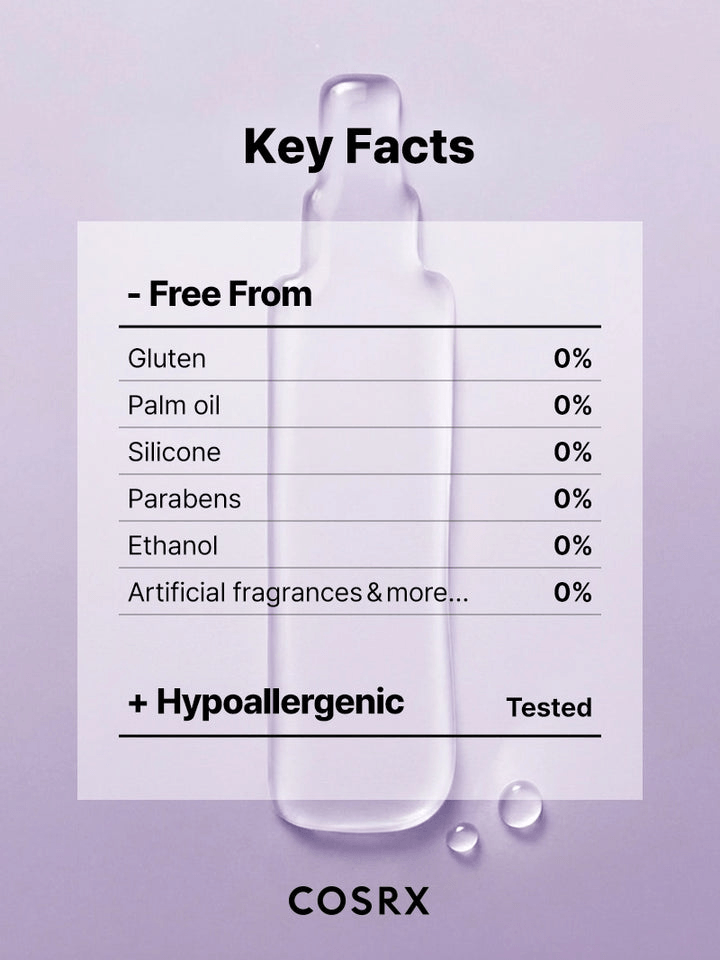 Key facts of COSRX AHA/BHA Clarifying Treatment Toner highlighting hypoallergenic and free from common allergens