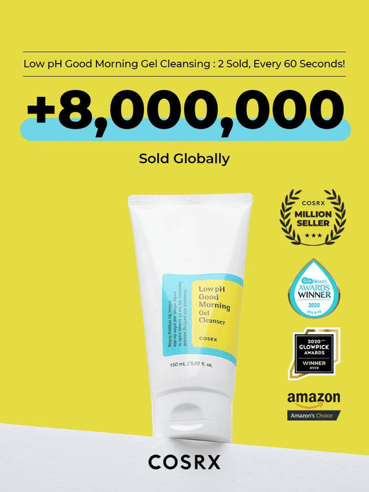 COSRX Low pH Good Morning Gel Cleanser in packaging with award highlights and sales number