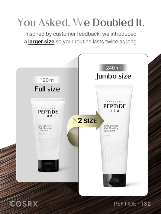 COSRX PEPTIDE-132 Ultra Perfect Hair Bonding Treatment in full and jumbo sizes, showcasing double the product for longer-lasting care.