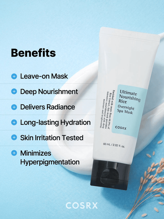 COSRX Ultimate Nourishing Rice Overnight Spa Mask benefits highlighting deep nourishment and hydration for glowing skin.