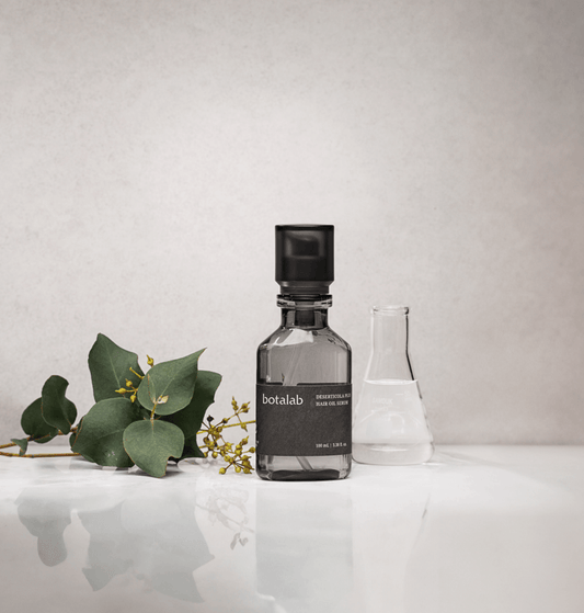 Riman Botalab Deserticola Plus Hair Oil Serum in sleek bottle with greenery, showcasing moisturizing and shine-boosting benefits.