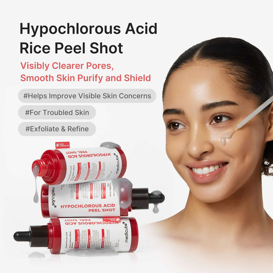 Medicube Hypochlorous Acid Rice Peel Shot bottles with a model applying the serum for clearer skin and reduced pores.