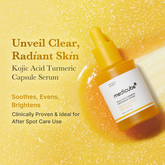Medicube Kojic Acid Turmeric Capsule Serum in a bright yellow background, promoting even and radiant skin.