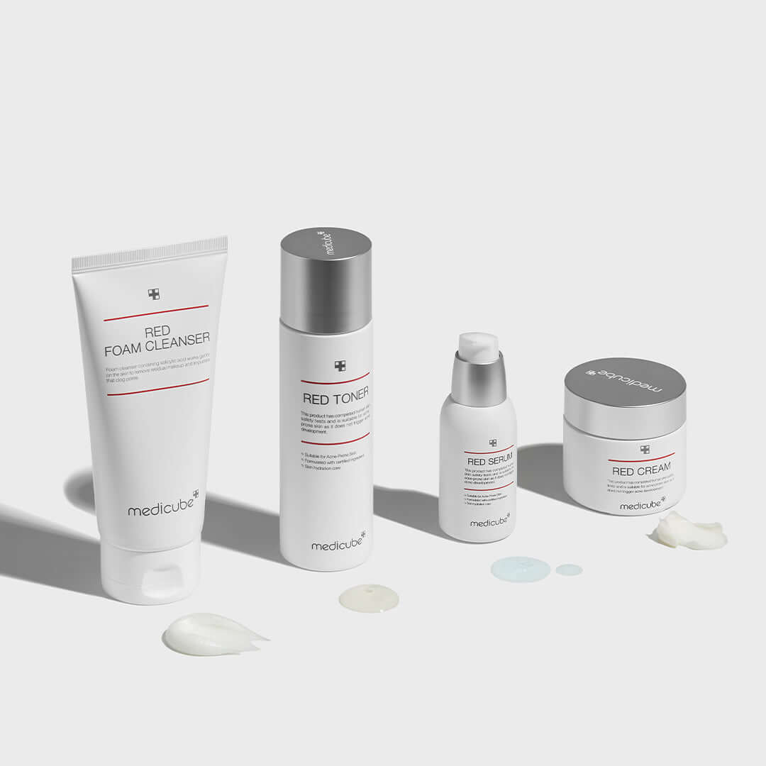 Medicube Red Serum and related products including cleanser, toner, and cream on a white background.