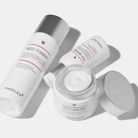 Medicube Red Serum and other Medicube skincare products including Red Toner and Red Cream.