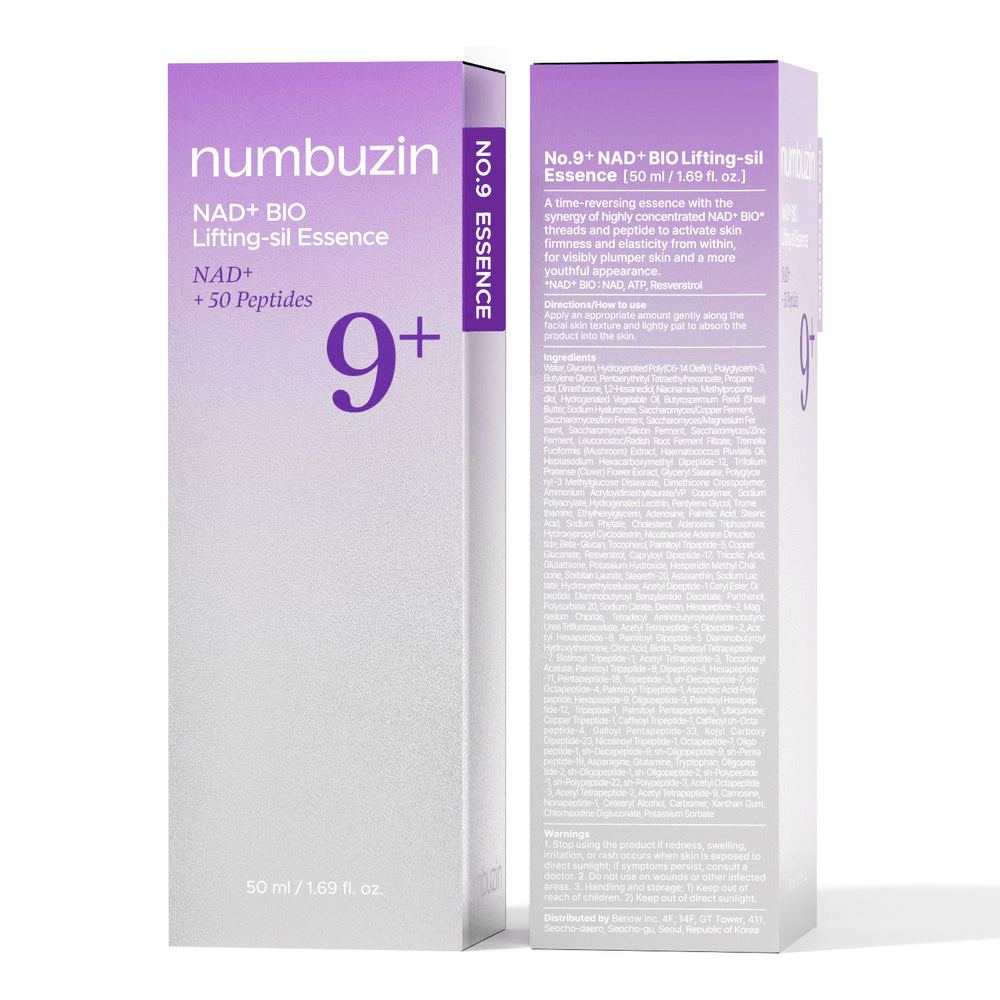 Numbuzin No. 9 NAD+ BIO Lifting-sil Essence product packaging showing details and benefits.