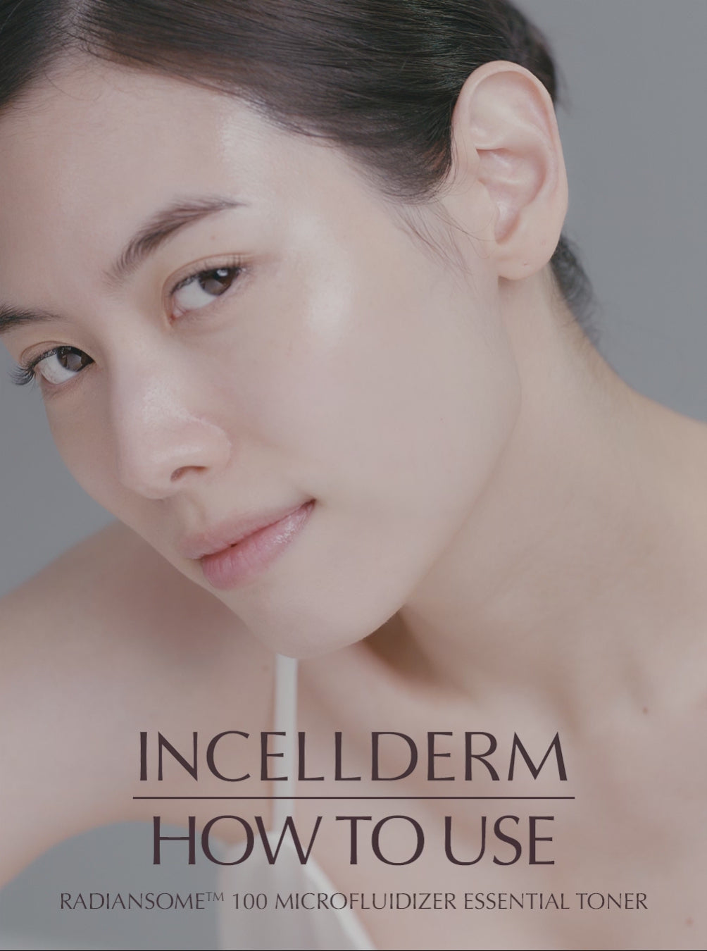 Woman demonstrating RADIANSOME 100 Microfluidizer Essential Toner application for skincare routine.