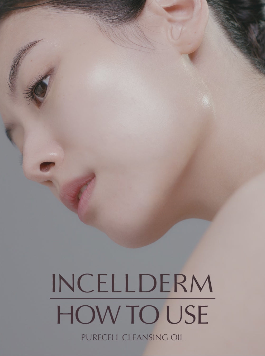 Close-up of a woman demonstrating how to use Riman Incellderm Purecell Cleansing Oil for radiant skin.