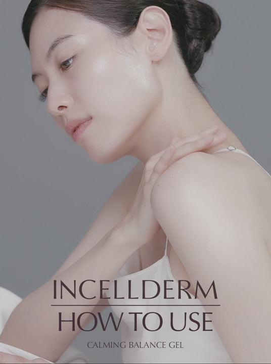 Incellderm Calming Balance Gel application guide featuring a person demonstrating usage on their skin.