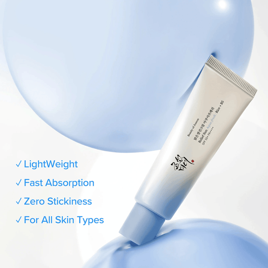 Relief Sun Aqua-Fresh Rice B5 SPF50 lightweight sunscreen in a tube with hydration benefits for oily skin types.