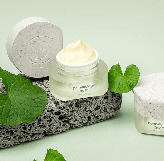 Riman ICD Dermatology Cream in a jar with a light green background and leaves, showcasing skincare benefits.