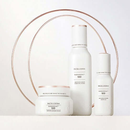 Riman Radiansome Premium Set featuring toner, ampoule, and cream for moisturizing and brightening skin.