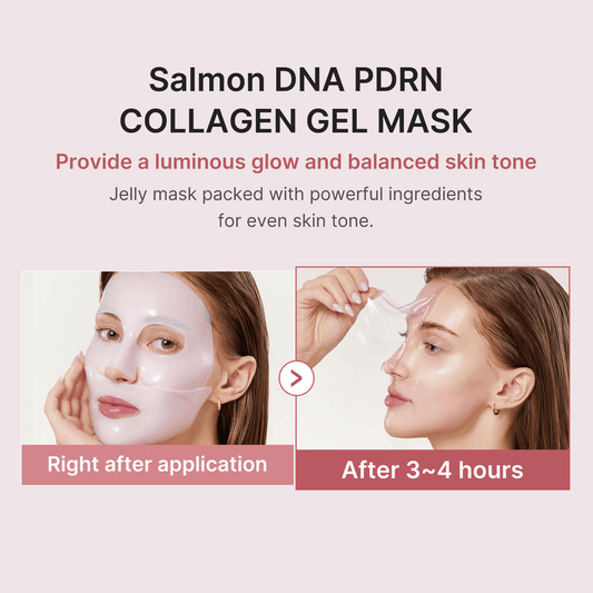 Medicube Salmon PDRN Pink Collagen Jelly Gel Mask Salmon DNA PDRN Collagen Gel Mask showing before and after results for radiant skin