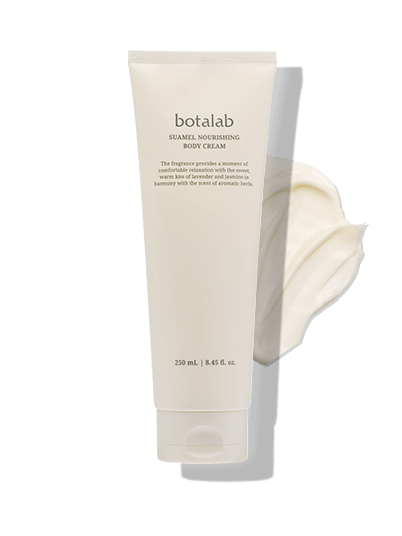 Suamuel Nourishing Body Cream tube and whipped cream texture for hydration and skin barrier support.