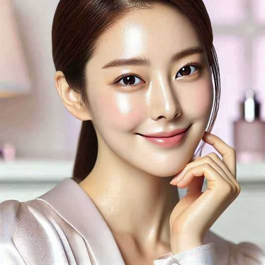 Smiling woman with dewy glass skin, showcasing a flawless complexion and radiant beauty in a softly lit setting.