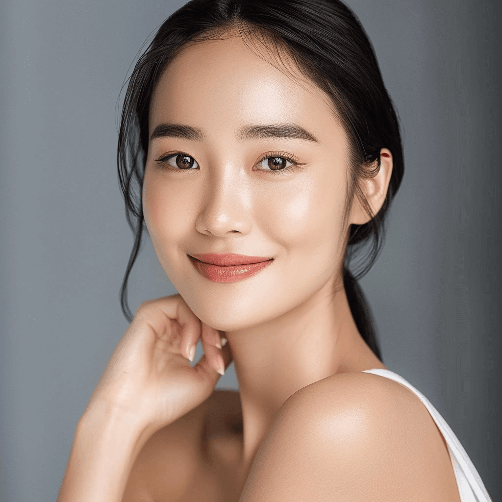 Radiant woman showcasing glass skin complexion, highlighting dewy and flawless skin in a natural beauty shot.