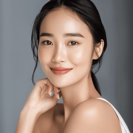 Radiant woman showcasing glass skin complexion, highlighting dewy and flawless skin in a natural beauty shot.