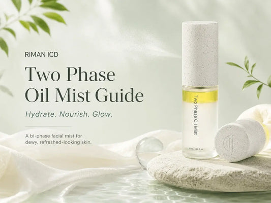 RIMAN ICD Two Phase Oil Mist: The Shake-and-Spritz Secret to Dewy-Looking Skin displayed on a tranquil background.
