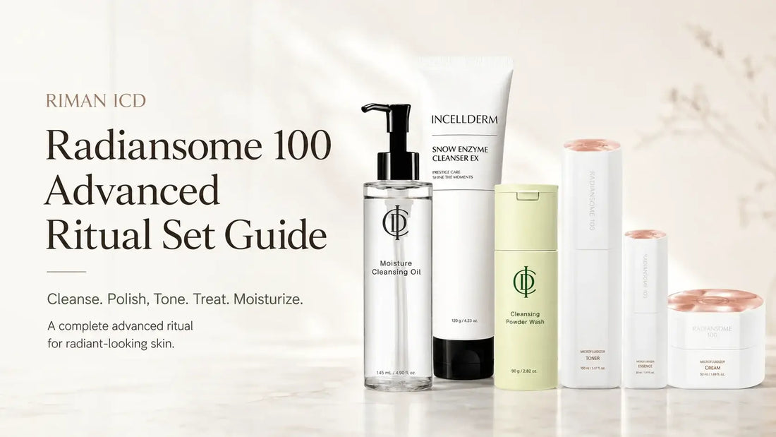 RIMAN ICD Radiansome 100 Advanced Ritual Set: Six Pieces of Pure, Engineered Glow displayed with cleansing products.