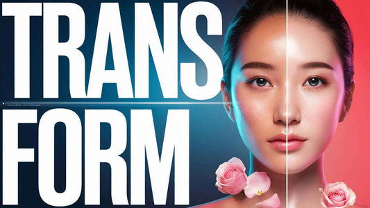 Dramatic image of a woman's face with text 'TRANSFORM' and floral accents, showcasing beauty and skincare.