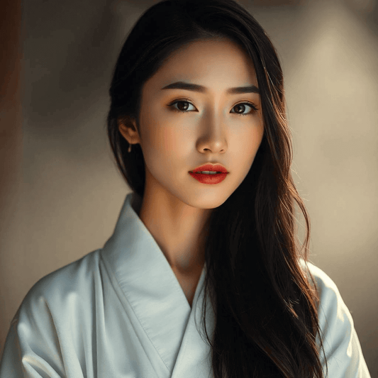 Portrait of a woman in a traditional outfit, showcasing radiant skin and a natural makeup look.