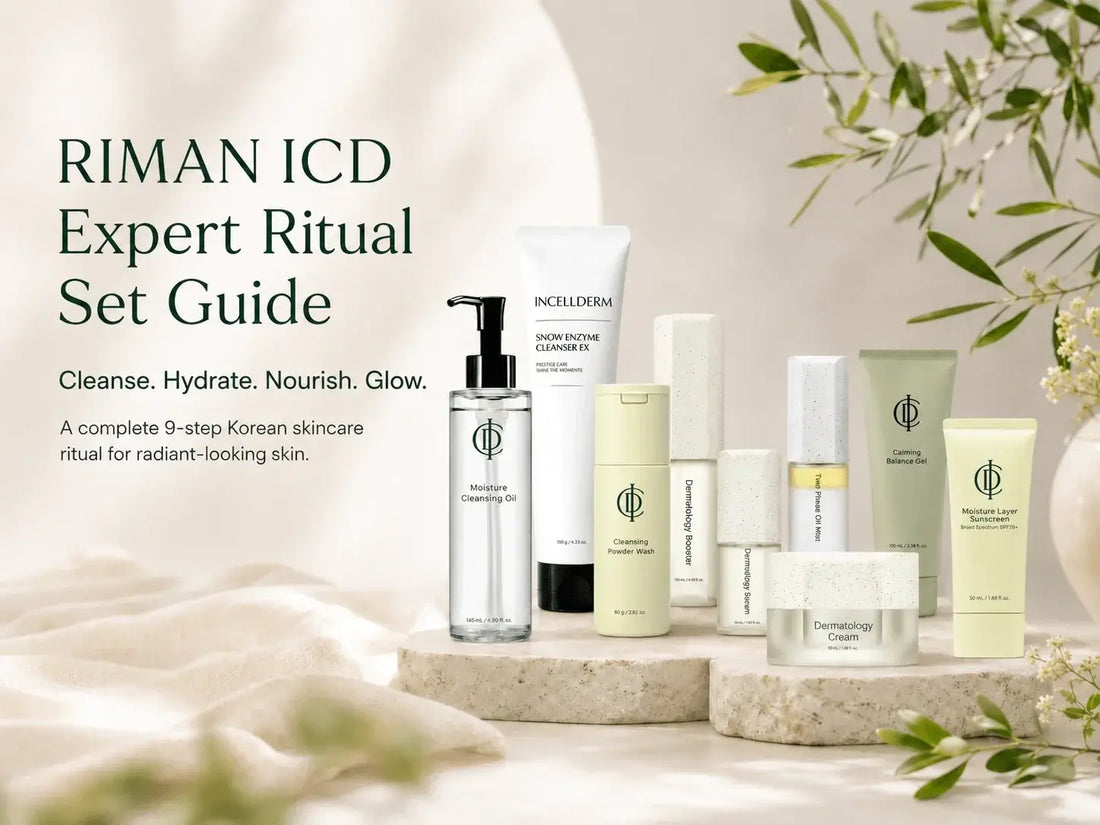 RIMAN ICD Expert Ritual Set: The Complete 9-Piece Korean Skincare Ritual, From Double Cleanse to SPF display.