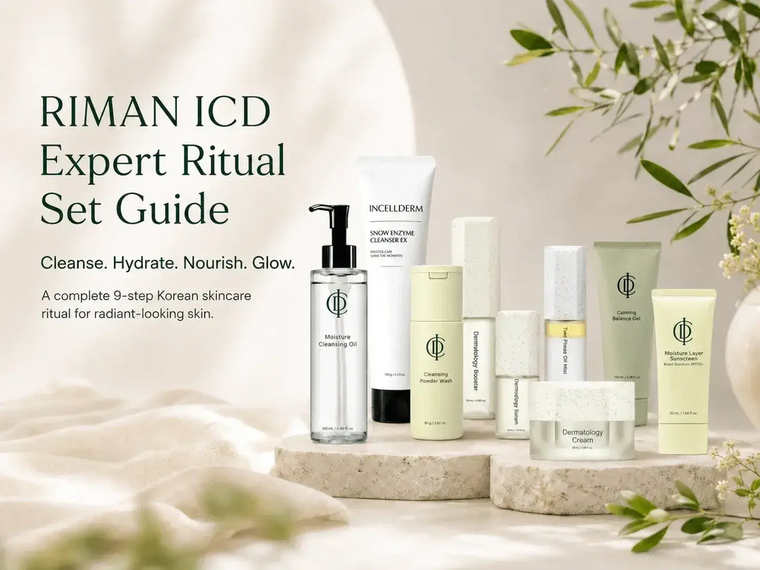 RIMAN ICD Expert Ritual Set: The Complete 9-Piece Korean Skincare Ritual, From Double Cleanse to SPF display.