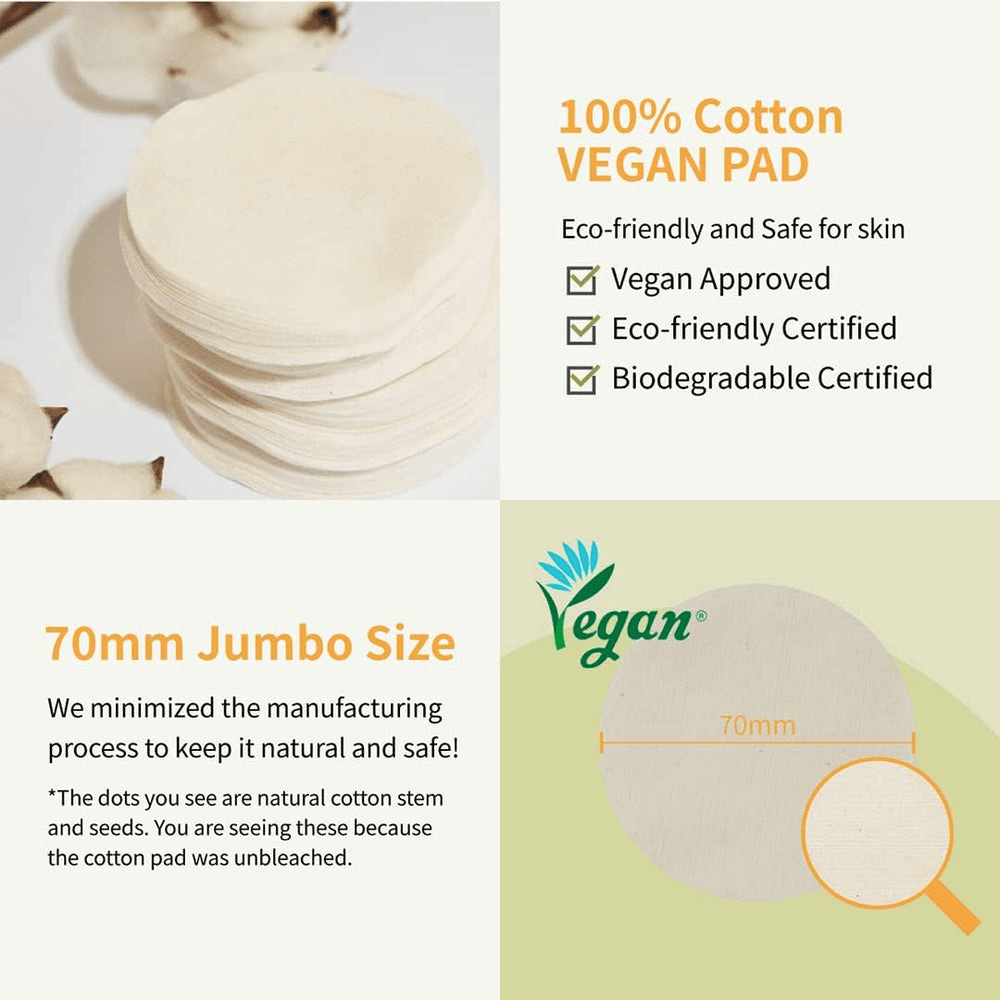 numbuzin No.3 Radiance Glowing Jumbo Essence Pads showing 100% cotton vegan pad, eco-friendly, and 70mm jumbo size.