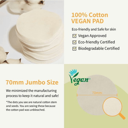 numbuzin No.3 Radiance Glowing Jumbo Essence Pads showing 100% cotton vegan pad, eco-friendly, and 70mm jumbo size.