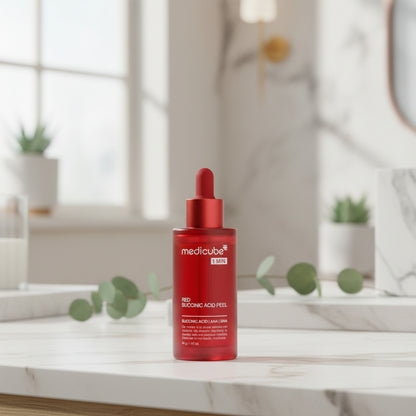 Red skincare serum bottle with Medicube branding on a white background