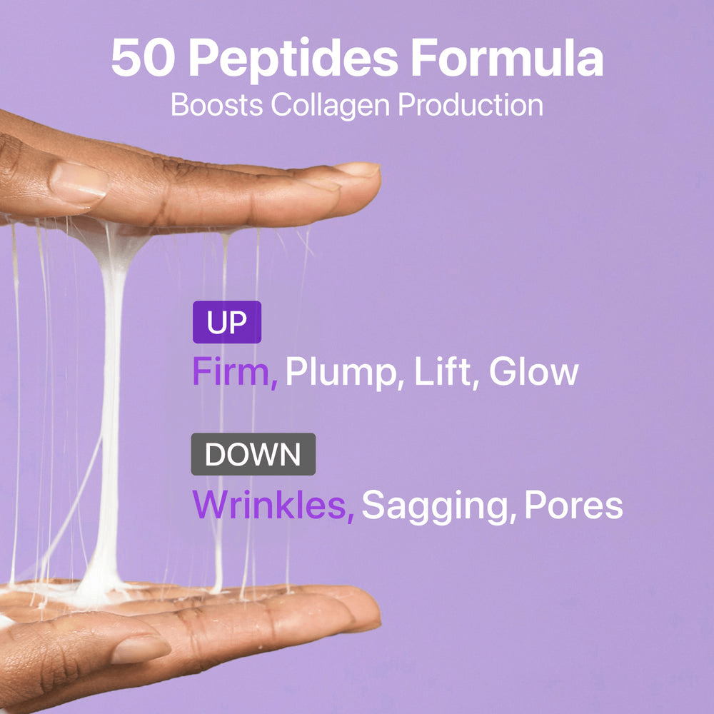 50 Peptides Formula boosts collagen production for firm, plump, and glowing skin while diminishing wrinkles, sagging, and pores.