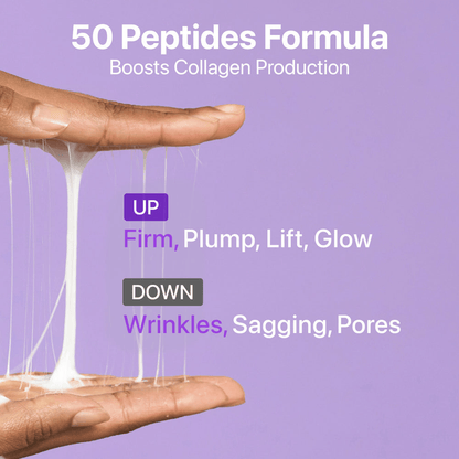 50 Peptides Formula boosts collagen production for firm, plump, and glowing skin while diminishing wrinkles, sagging, and pores.