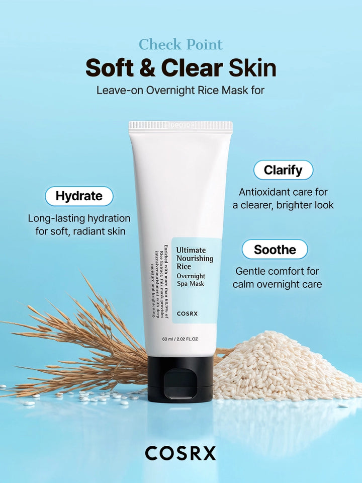 Cosrx leave-on overnight rice mask with text on a blue background