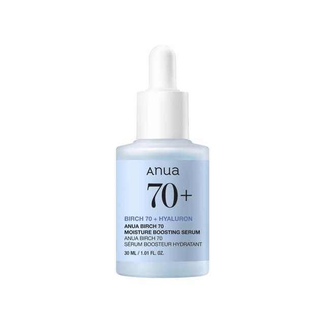 Anua Birch 70 Moisture Boosting Serum in a dropper bottle for hydration and skin strengthening.