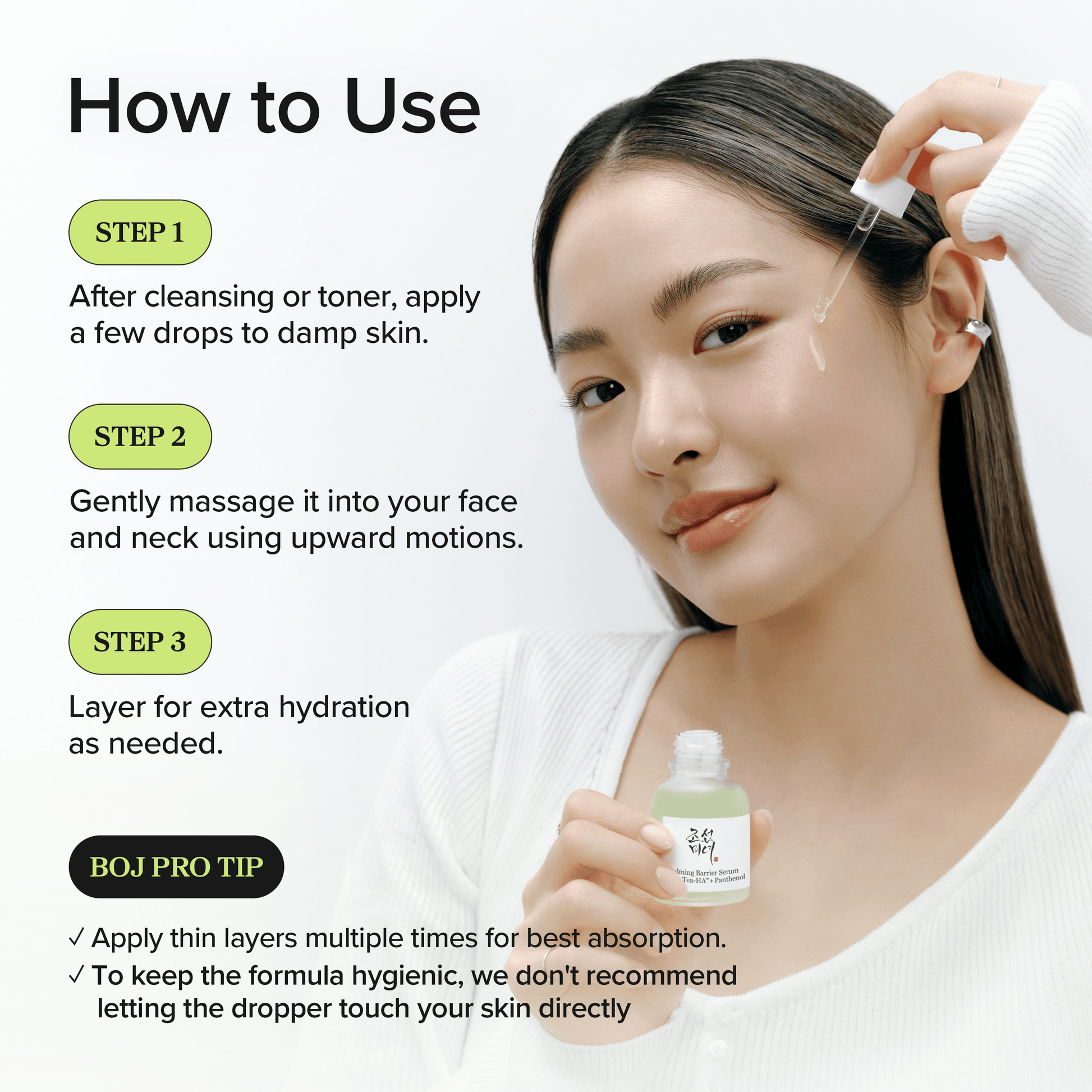 How to use Beauty of Joseon Calming Serum Green Tea + Panthenol with step-by-step instructions.